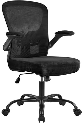 Yaheetech Bürostuhl mit hochklappbaren Armlehnen, Schreibtischstuhl mit erstellbaren Lendenwirbelstütze, Drehstuhl aus Mesh, Office Chair Ergonomic, Wippfunktion, höhenverstellbar Schwarz