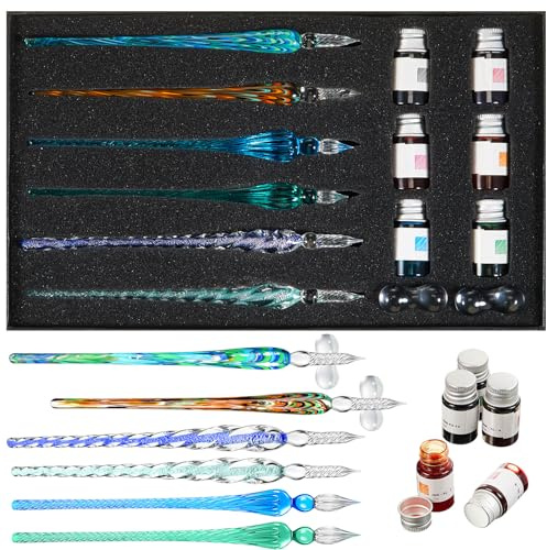 Zonon Glass Dipped Pen Ink Set 14 Pcs Include 6 Pcs Glass Dip Pen, 6 Colorful India Ink and 2 Holder Crystal Signature Calligraphy for Art, Writing, Gift(Green Color System)