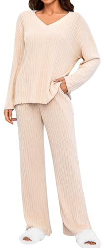 Tuopuda Conjunto Dos Piezas de Tejido Mujer,Casual Punto Tops manga larga de Cuello en V y Pantalones con Bolsillos Suelto Chándales para mujer Talla grande(Beige,XXL)