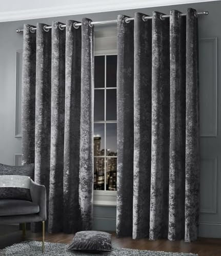 LIZZIE JACOBS Crushed Velvet Luxury Curtains Eyelet Top Fully Lined Thick Curtain Pairs Living Room Bed Room Kitchen Office Ring Top Curtains (Charcoal, 66 wide x 90 drop)