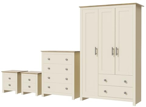 Nera 4 Piece Bedroom Furniture Set 3 Door Wardrobe with Drawer Set Chest of Drawers and Bedside Cabinet Bedroom Storage (Cream on Oak)