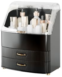 Plukers Makeup Organizer Countertop Vanity with Transparent Lid Drawers Waterproof Dustproof Cosmetic Skincare Bathroom Storage Gift for Women Teens Girls (Black)