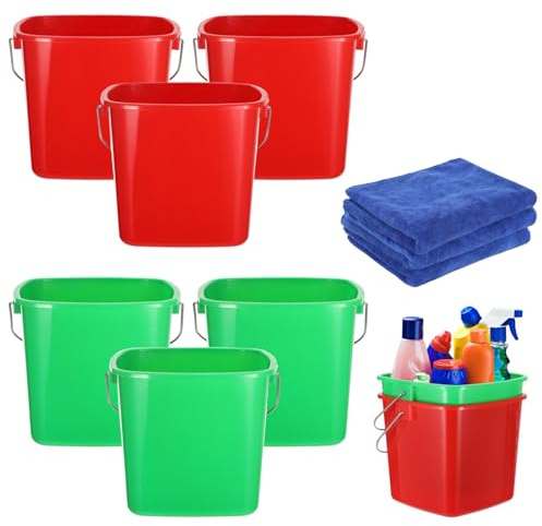 Vestamore 6-pack fyrkantiga rengöringshinkar, plastbehållare med metallhandtag, röda och gröna små hinkar för hem, kontor och bilrengöring, med 3 handdukar ingår