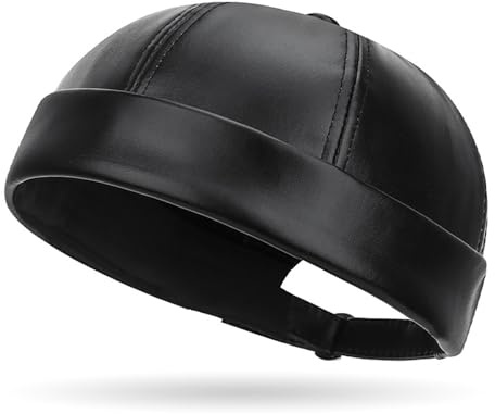 PU Leather Brimless Hat for Men Women Retro Rolled Cuff Docker Cap Harbour Beanie Hats Landlord Hat Sailor Cap K459 Black