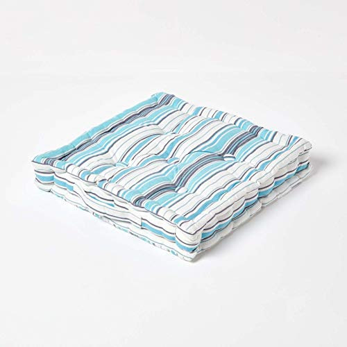 HOMESCAPES New England Multi Blue Stripes Floor Cushion - 100% Cotton - 40 x 40 x 8 cm Square - Indoor - Garden - Dining chair booster Seat Cushion Pad