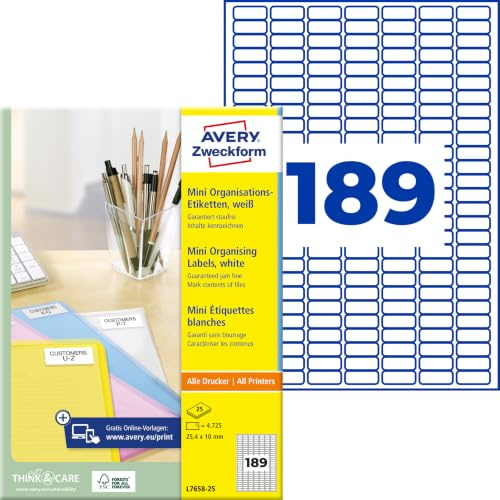 AVERY Zweckform L7658-25 mini Organisationsetiketten (4.750 Aufkleber, 25,4x10mm auf A4, selbstklebende Vielzweck Etiketten, bedruckbar, Klebeetiketten zum Organisieren/Kennzeichnen) 25 Blatt, weiß