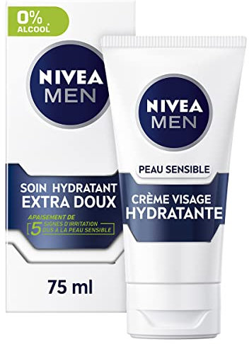 NIVEA MEN Soin Hydratant Extra Doux Peau Sensible (1x75 ml), crème visage hydratante pour homme à la peau sensible et irritée, soin visage homme apaisant 0% alcool