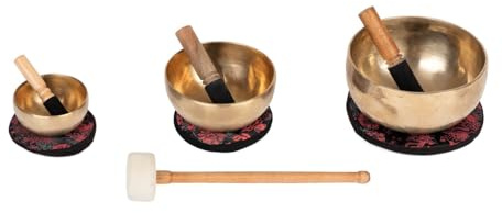 Bodhi Tibetische Klangschalen Ø 11 + 15 + 19 cm | Handgefertigtes Klangschalen Set inkl. Kissen & Klöppel | Singing Bowls aus Indien | Ideal als spirituelles Geschenk | Meditationszubehör aus Bronze