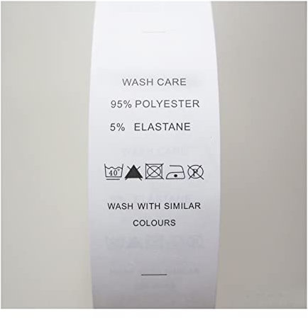 Wash Care Labels Printed Paper Fabric Material 95% Polyester 5% Elastane, 40 Degree 1 Bar, DO NOT Bleach, DO NOT Tumble Dry, 1 Dot Iron, DO NOT Dry Clean, 40mmWx80mmL, Roll of 2500
