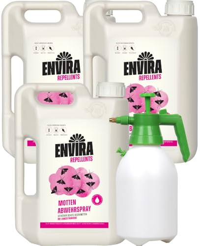 Envira Motten Abwehrspray 3 x 2 Liter + 2 Liter Drucksprüher - Spray mit Langzeitwirkung gegen Motten, Kleidermotten & Lebensmittelmotten - Mottenschutz für Kleiderschrank - Mittel gegen Motten