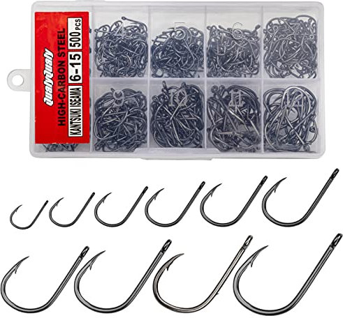 THKFISH Angelhaken Set Kohlenstoffstahl Angel Haken mit öse 500Stück Angelzubehör Set Angelhaken mit Kunststoff Box 6# -15# 10 Größen