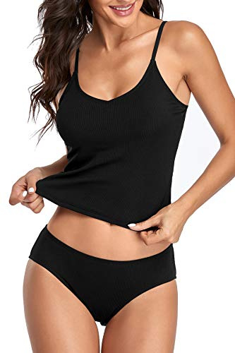 Upopby Women's Padded Push Up Tankini Set Longline Tankini Top with Shorts Adjustable Straps Two Piece Swimsuits Plus Size Black XL