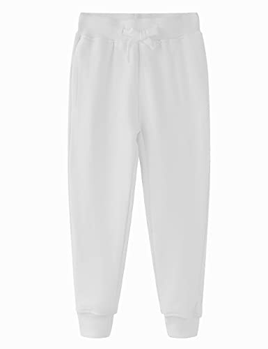 Spring&Gege Pantaloni Sportivi Solidi in Spugna Francese da Ragazzo con Tasche, Bianco, 5-6 Anni