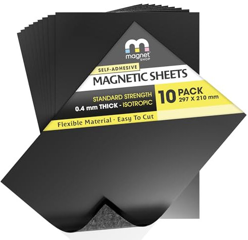 TMS Magnetic Sheets Self-Adhesive | For Crafts or Metal Die Storage | Make Fridge Magnets or Magnetic Strips | Sticky, Flexible & Ultra-Thin | 10 Pack | 0.4mm thick | A4 (30×21cm)