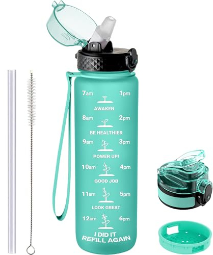 GOPPUS Trinkflasche, 1L BPA-Frei Tritan Wasserflasche mit Strohhalm, Trinkflasche Sport Auslaufsicher mit Zeitmarkierung und Bürste, Sportflasche für Fitness, Schule, Yoga, Outdoor(1 Flasche)