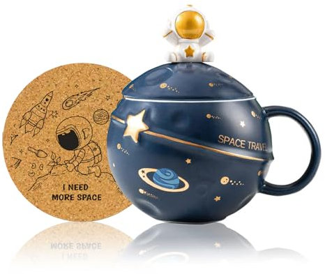 Kawaii Astronaut Cup Space Embossed Planet Mug, Cute Ceramic Coffee Mug, Novelty Mug with Lid and Spoon for Coffee, Tea, Milk, Aesthetic Room Decor Funny Gift Birthday for Girl Boy Women (Dark blue)