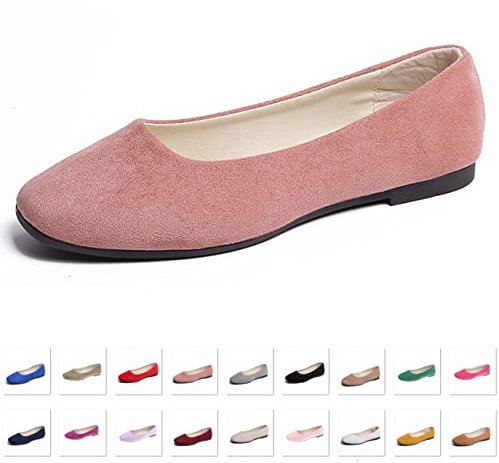 Hwalleum Women's Casual Square Toe Ballet Flats Ladies Stylish Slip On Ballerina Flats Girls Fashionable Solid Color Ballet Pumps Dolly Shoes Womens Comfy Office Driving Flat Shoes Loafers Pink