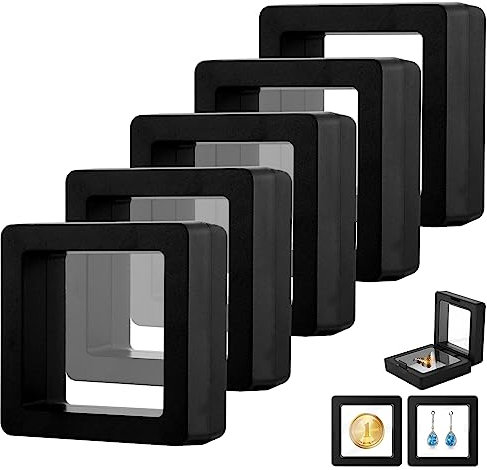 Lot de 5 présentoirs flottants 3D noirs pour pièces de défi, médaillons AA, bijoux, spécimen (5 x 5 cm)