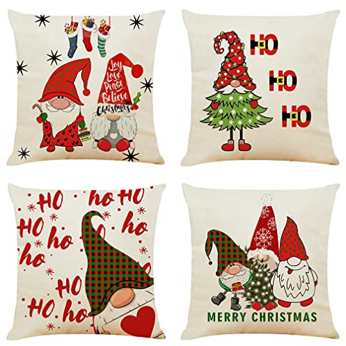NIULAA Weihnachten Kissenbezug 50x50 4er Set Weihnachtsdeko Kissenhülle Dekokissen Zwerge Weihnachtskissenbezug Deko Kissen Landhausstil Sofakissen Leinen Kissenbezüge für Sofa Couch Wohnzimmer