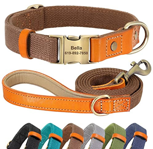 Didog Personalisiertes Hundehalsband und 1,5 m Leinen-Set für kleine, mittelgroße und große Hunde, langlebige Hundehalsbänder, verstellbar mit gravierter Metallschnalle, braunes Set, Größe M