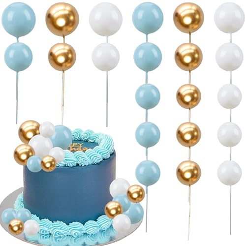 Gyufise 30Pcs Colorful Pearl Ball Shaped Cupcake Insert Cake Topper for Bear Theme Birthday Party Favors Wedding Decoration Supplies Blue White Gold