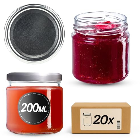 KADAX 20 st Syltburkar i Glas 200 ml med Skruvlock Ø 66 mm – Tjockväggiga lufttäta Inläggningsburkar, diskmaskinssäkra, för sylt & inläggningar