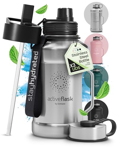 Trinkflasche Edelstahl ACTIVE FLASK + Strohhalm (3 Deckel) | Große 1,3/2,2 Liter Sportflasche BPA-frei Auslaufsicher Kohlensäure geeignet, 2l XL Wasserflasche Sport Outdoor Fitness Wasser Flasche