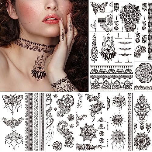 VIWIEU Fake Small Black Henna Temporary Tattoos 10 Pack for Adult Women, Realistic Flower Lace Finger Hand Arm Removable Body Art Stickers Summer Wedding Party Bridal Favors, Long Lasting Waterproof