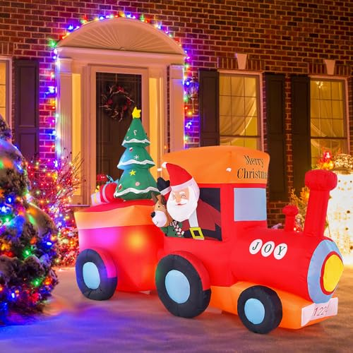 COSTWAY Tren Inflable de Navidad, Decoración Inflable Navideña con Papá Noel, Muñeco de Nieve, Ciervo y Árbol de Navidad, Tren Inflable con Luces LED y Soplador de Aire Incorporado