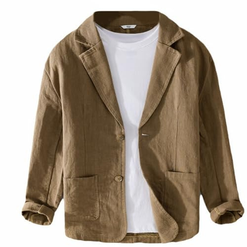 GIBZ Blazers de Lino para Primavera y Verano para Hombre Chaqueta de Traje Sencilla y Versátil con Solapa con Muescas Blazer Abrigo Deportivo de 2 Botones con Bolsillo Marrón L