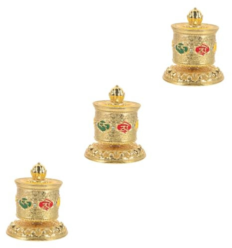 3 Stück Gebetsmühle Feng Shui Gebetsdekoration Zeremonielles glückverheißendes Dekor Buddhistische Statue Figur Retro Om Hum Buddhistische Gebetsstatuen Buddha-Statue Innen Glück Tibet Messing