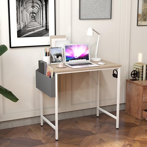 Panana Study Computer Desk Home Office Writing Small Desk, Modern Simple Style PC Table with Storage Bag and Headphone Hook, Sturdy Metal Frame (Oak, 100 x 50 cm)