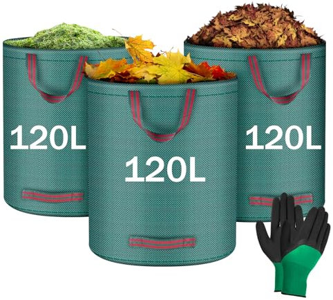 Flintronic 3Pcs 120L Heavy Duty Garden Bags,Reusable Gardens Sacks with 1 Pair of Work Gloves,Green Waste Sack with Handles, Tools Bags for Garden Waste Plant Waste Grass Leaves