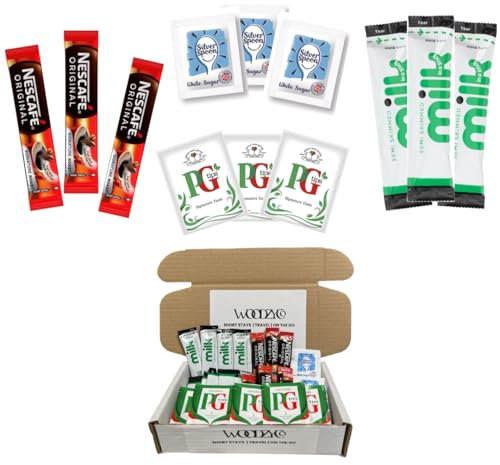 Tea, Coffee, Milk & Sugar Sachets Bundle – 10 Individual Portions – Everyday Black Tea, Caffeinated Coffee, UHT Milk & White Cane Sugar – Ideal for Travel, Guest Welcome Packs, Hotels & Holiday Lets