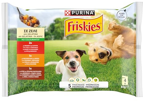 Purina Friskies Comida húmeda para Perro en Gelatina con Pollo, Cordero y Buey, 12 Paquetes de 4 Sobres de 85g