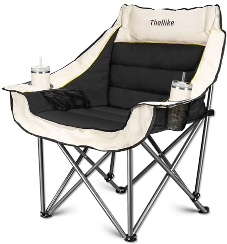 Thallike Übergroßer Campingstuhl, strapazierfähig, zusammenklappbar, für Erwachsene, XL, gepolstert, mit Getränkehaltern, Aufbewahrungstasche und Tragetasche, für Camping, Hinterhof, Angeln, Sport