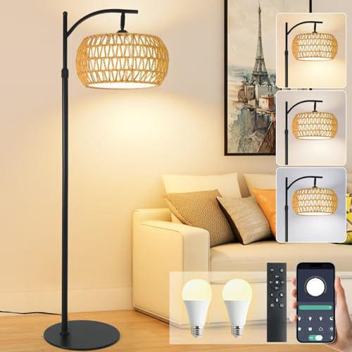 DRAWNCAT Boho Rattan Floor Lamp with Shade – 12W Bright Dimmable LED Bulb, Remote Control 3 Color Temperatures, Modern Farmhouse Handwoven Arc Standing Light for Living Room Bedroom