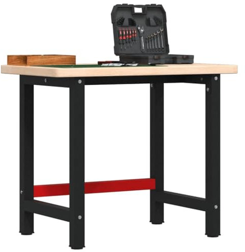 Werkbank mit Holzplatte und Metallgestell, Arbeitsbank Arbeitstisch Werktisch Werkstatttisch Packtisch für Garage Werkstatt Schuppen, 100x60x83 cm Massivholz Eiche Rechteckig