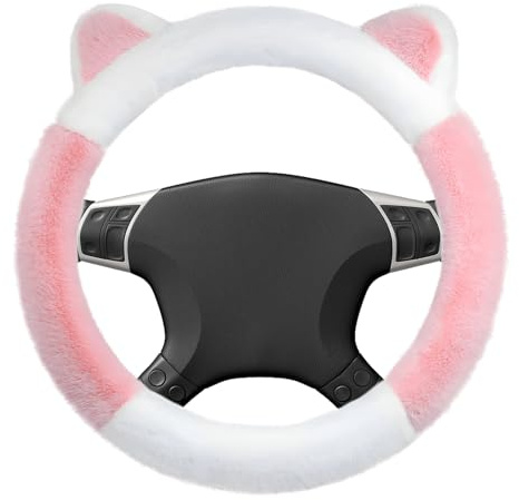 shallyong Couvre Volant Voiture Hiver, Housse Volant Voiture en Peluche avec Oreilles, Protection Volant Chaude & Antidérapante, Décoration Intérieure de Voitures Mignonne (Rose et Blanc)
