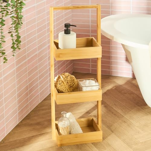 OHS Bathroom Caddy Wooden 3 Tier, Free Standing Bathroom Shelves Bamboo Rack Storage Organiser for Shampoo Towels Toiletries Corner Shower Caddy Bath Shelf for Living Room Kitchen, Natural
