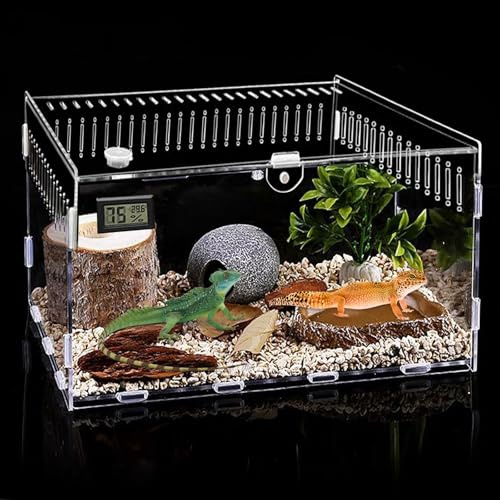 Akrylterrarium, sniglar, terrarium med temperaturhygrometer, transparent reptil matningslåda, 30 x 20 x 15 cm, miniterrarium, reptilutfodringslåda för sniglar, spindlar, krabbor