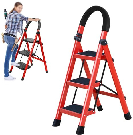 Befoore Escalera plegable de 3 escalones, taburete pequeño for adultos, taburete plegable de 3 escalones con pasamanos, escalera de cocina ligera con pedal de diseño ergonómico(Red)