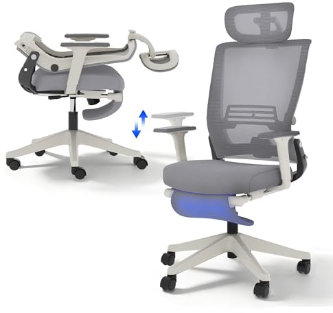 FLEXISPOT Ergonomischer Bürostuhl, Foldex, klappbarer Bürostuhl für Kleine Räume mit Lendenwirbelstütze, Höhenverstellbaren Armlehnen, 2D Kopfstütze, Schreibtischstühle mit Fußstütze Grau