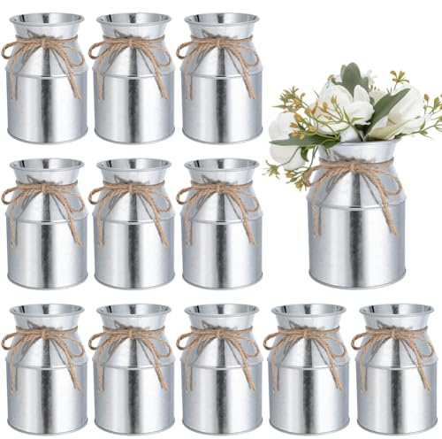 DELORIGIN 12PCS Farmhouse Metal Flower Vases 3.7 Rustic Milk Can Vase Vintage Iron Bucket Vase for Farm House Home Wedding Dining Room Fall Decorative Country Table Centerpieces (Silver)