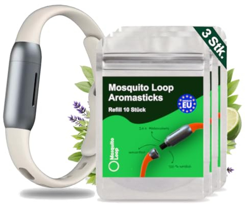 Mosquito Loop Mückenarmband für Erwachsene Starterpaket | Effektiver Mückenschutz ohne Chemie & Refill Funktion | Silikonarmband | 1 Stk. Armband Creme + 3 Stk. Aromastick 10er Refiller