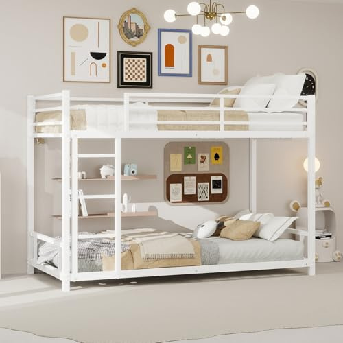 YEHTOKHOME Letto a castello, 2 posti, 90 x 190 cm, in metallo, profilo basso 136 cm, scala integrata, barriera di sicurezza, per giovani, rete a doghe inclusa (senza materasso) (bianco, D)