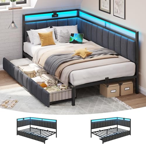DICTAC Single Bed Frame with 2 Storage Drawers,Charging Station and Led Lights 3ft Single Daybed with Storage 90x190 Corner Platform Bed with Upholstered Guardrail,Space-Saving Single Sofa Bed,Grey