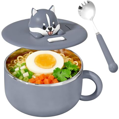 Ramen Skål med lock, Ramen Skål med värmeisoleringspackning och sked, bärbar stålskål 304 för soppa, nudlar, dumplings och sallader (Husky)