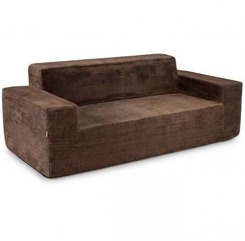 FANTASK Dreisitzer-Sofa, moderner Cordcouch mit hoher Rückenlehne, Keine Montage erforderlich, Breiten Armlehnen & tiefem Sitz, Bodensofa für Wohnzimmer, Schlafzimmer, kleine Räume (Braun)