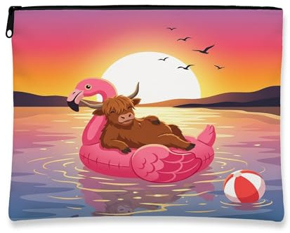 Funny Highland Cows Makeup Bag, Flamingos Lifebuoys Sea Printed Cosmetic Travel Pouch for Women, Animal Portable Small Canvas Zipper Organizer 7x9 Inch